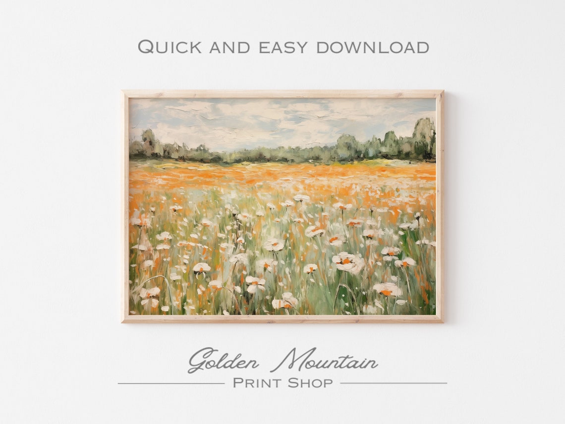 Orange Poppy and White Daisy Wildflower Field Spring Landscape Print - Image 3