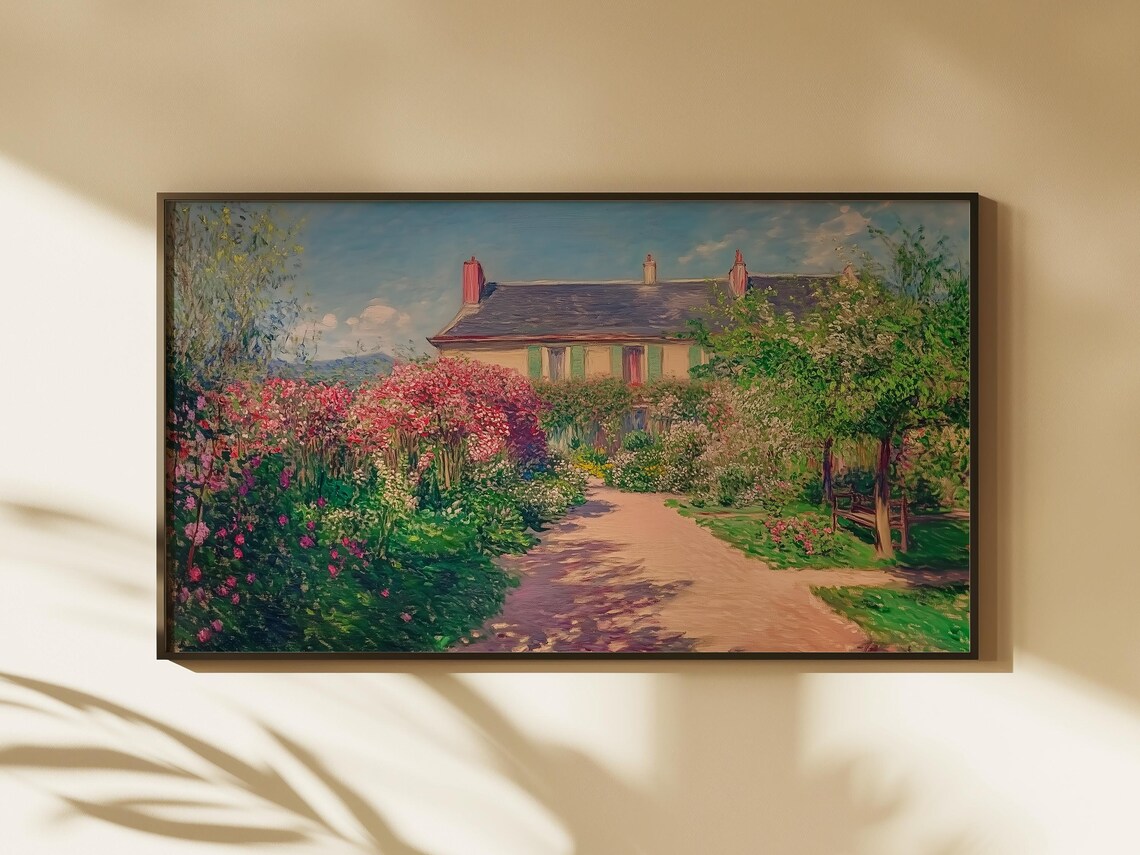 Sunlit Cottage Rose Garden Impressionist Painting Spring Landscape Print - Image 2