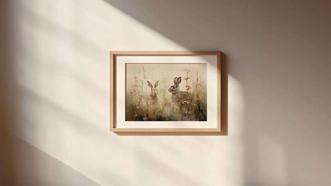 Two Hares Resting in Golden Meadow Tender Wildlife Art Poster - Image 2