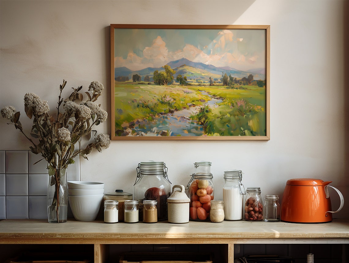 Sunny Summer Meadow Stream Green Hills Mountain Vintage Poster - Image 3