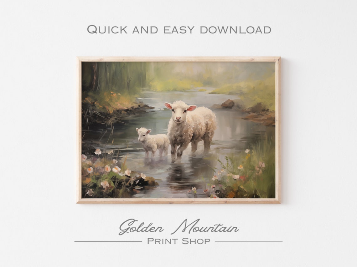 Lambs Wading Forest Stream Spring Country Oil Painting Wall Art - Image 2