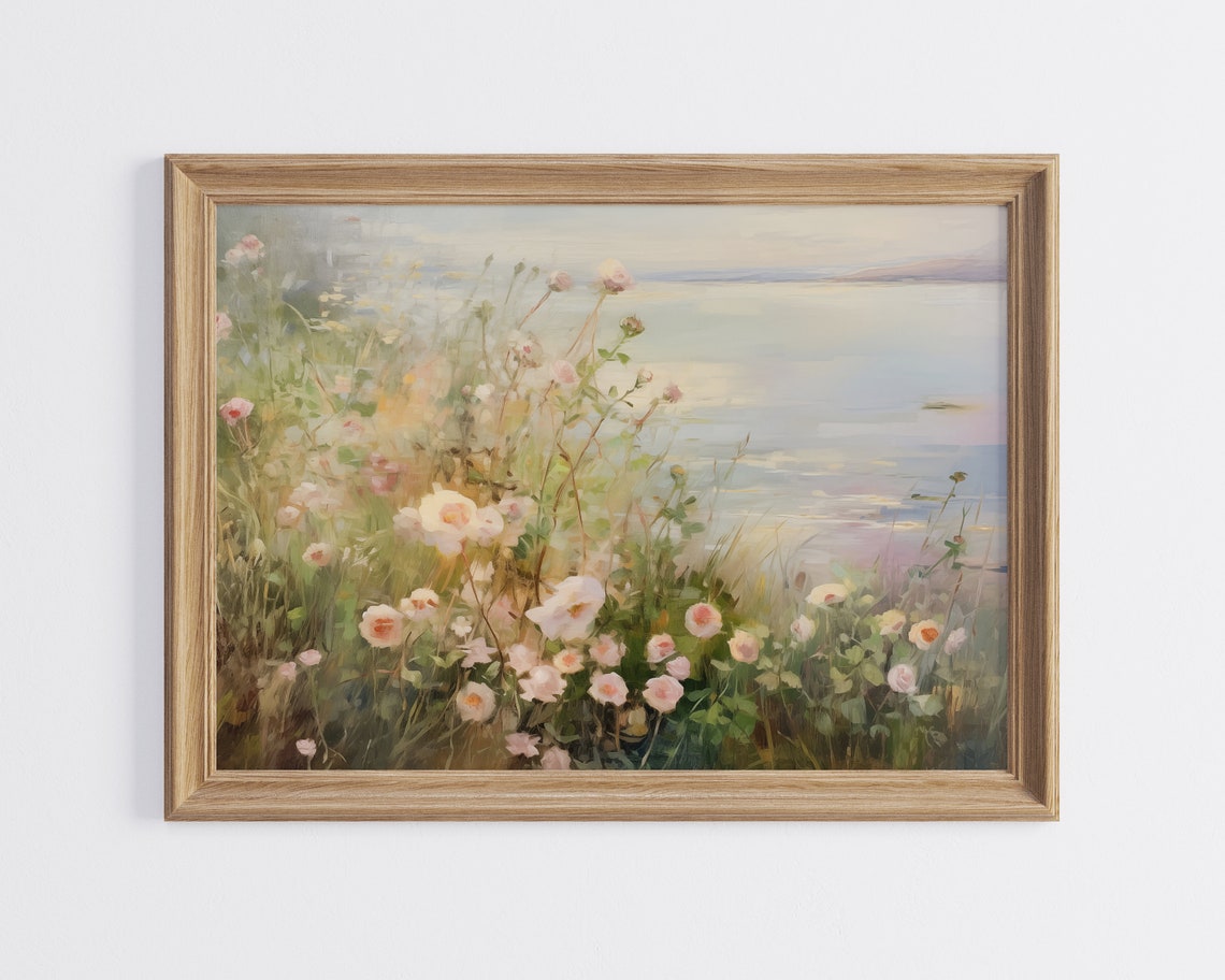 Pink Wildflowers by the Sea Coastal Meadow Oil Painting Poster - Image 3