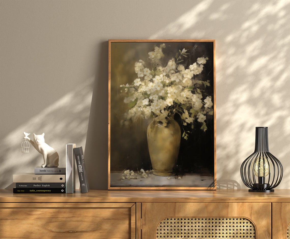 Moody White Blossoms in Golden Vase Dark Floral Still Life Print - Image 3
