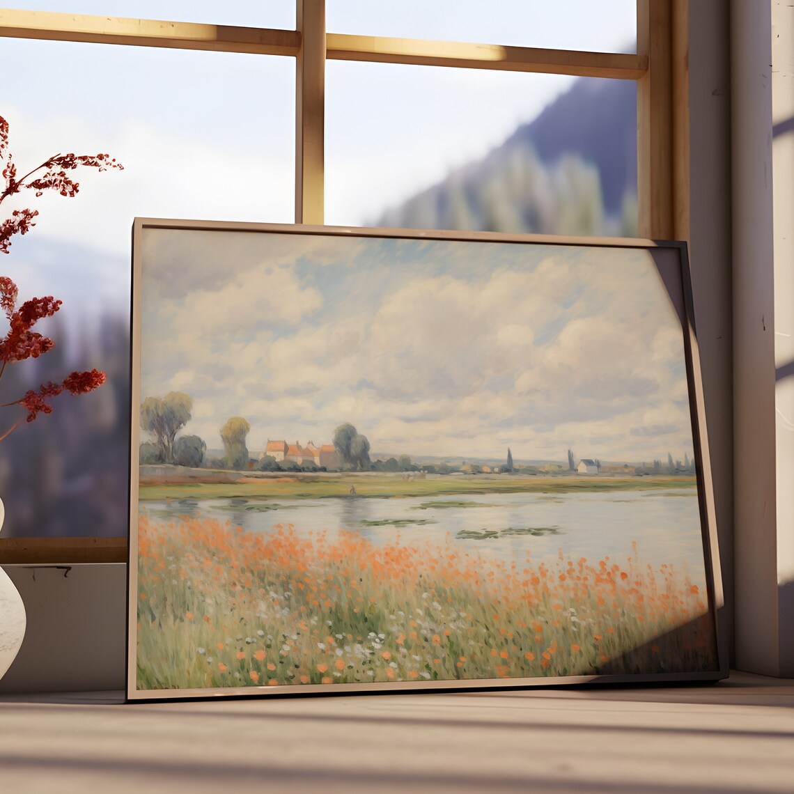 Orange Wildflower Meadow by the Lake Impressionist Village Scene Poster - Image 2