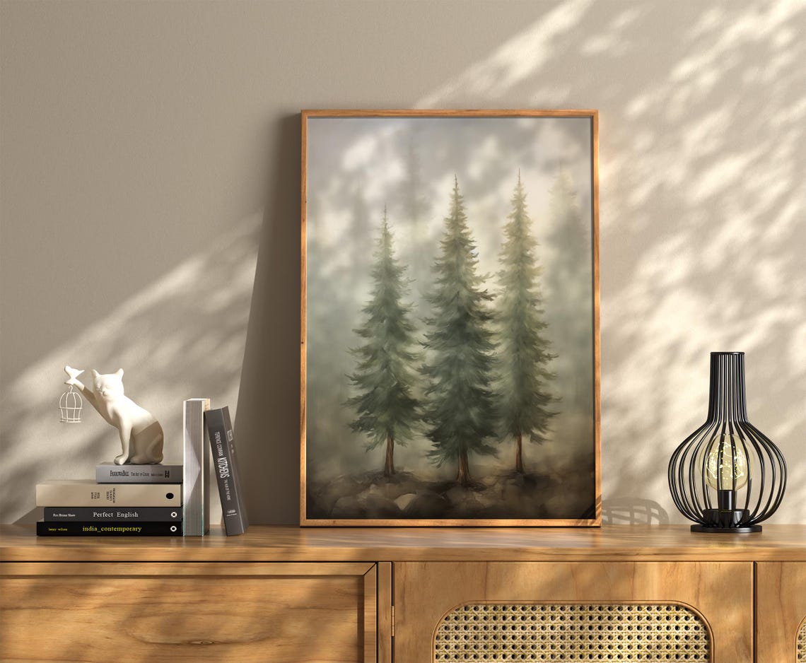 Three Pine Trees Misty Forest Vintage Winter Calm Nature Poster - Image 3