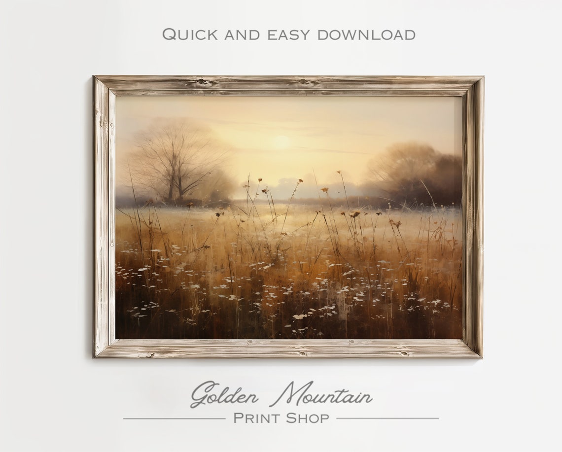 Golden Meadow Sunrise with Delicate White Wildflowers Glow Poster - Image 2