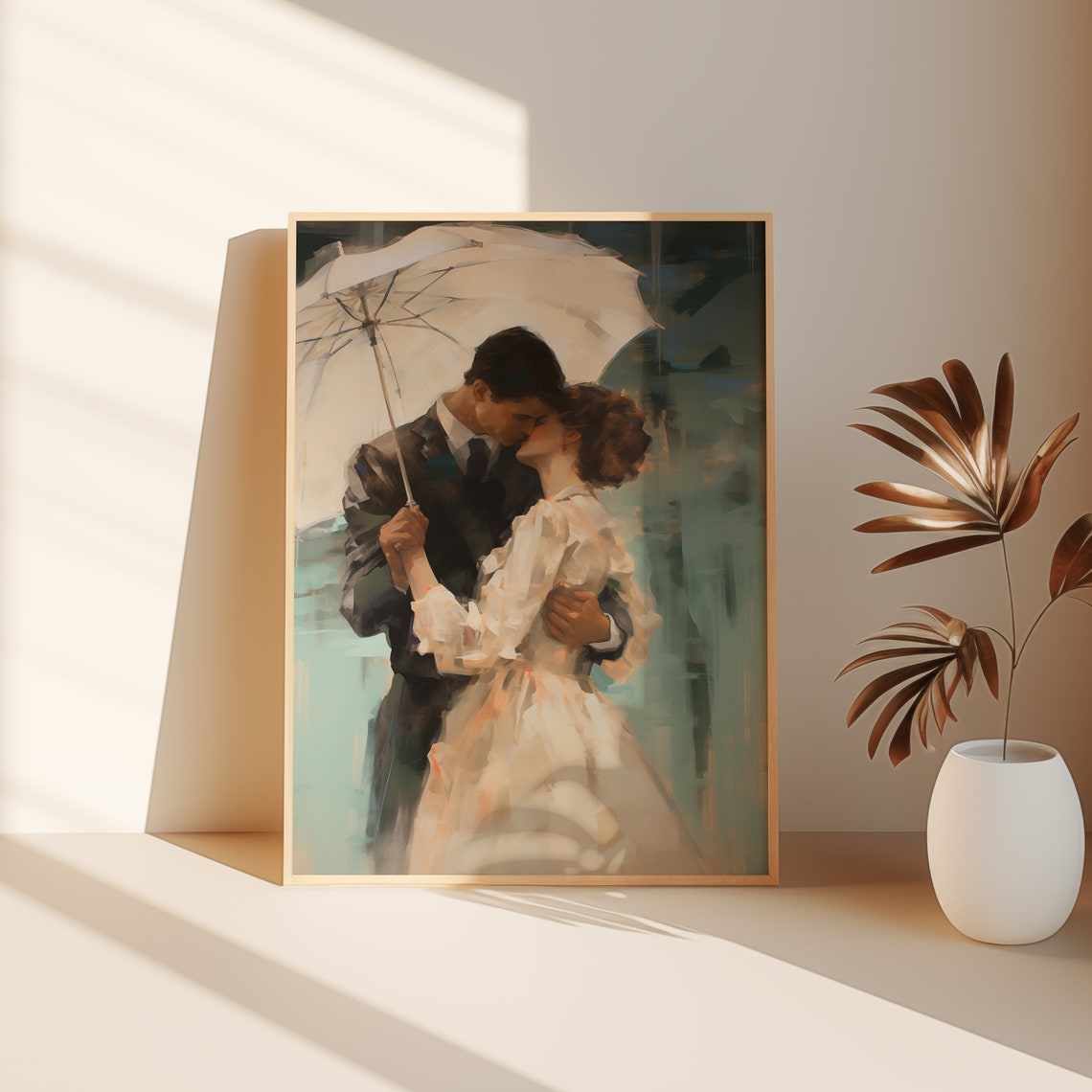 Romantic Couple Kiss Under Umbrella Rainy Day Vintage Oil Poster - Image 3