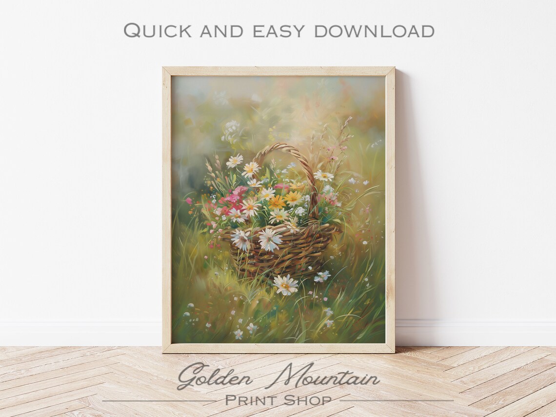 Wildflower Basket in Green Meadow Sweet Cottagecore Art Poster - Image 2