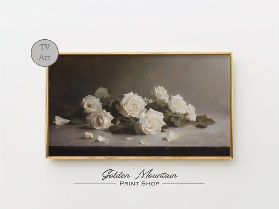 White Valentines Roses Frame Tv Art Moody Dark Academia Print Antique Moody Tv Art Floral Painting Botanical Print