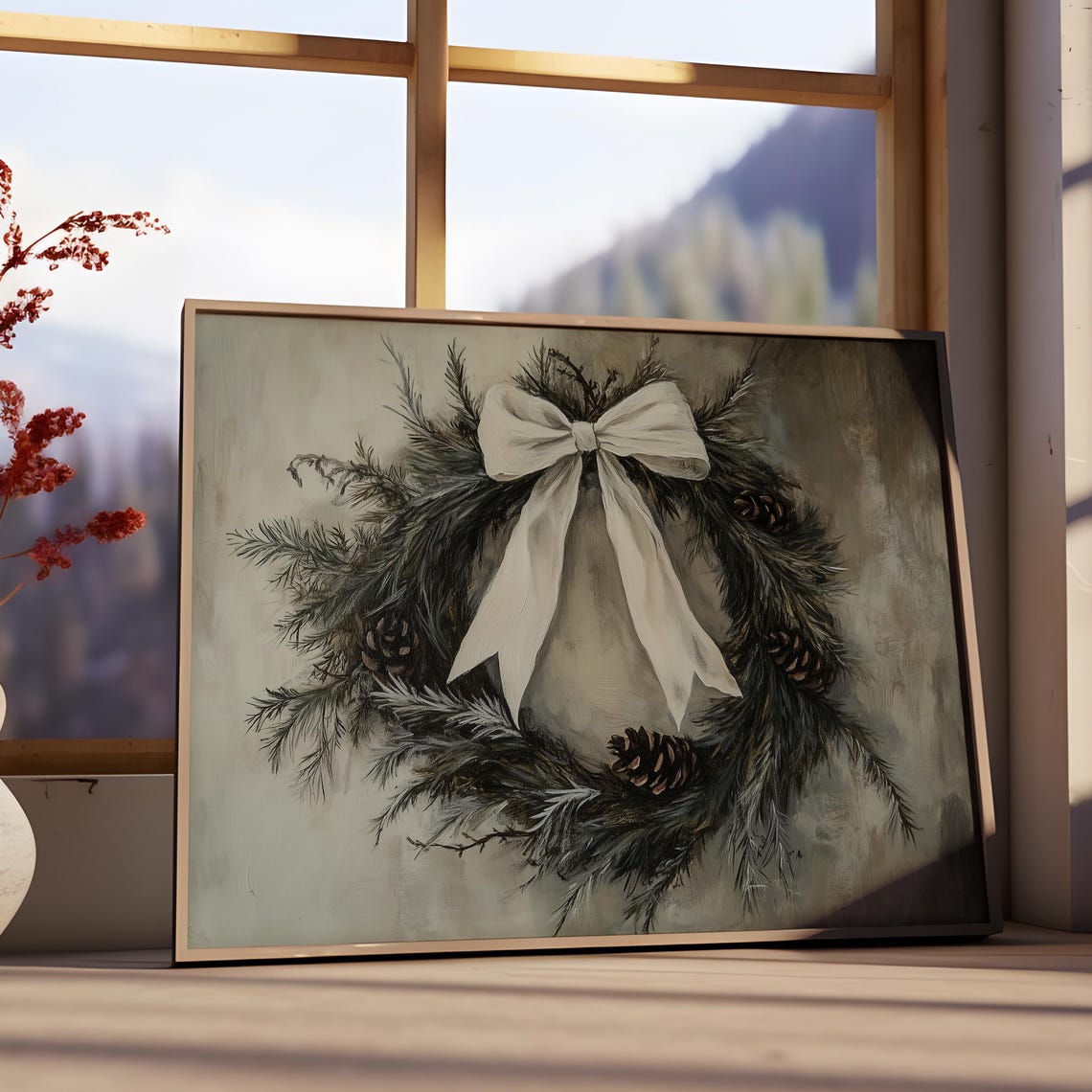 Pine Wreath White Bow Muted Winter Minimalist Christmas Wall Art - Image 3