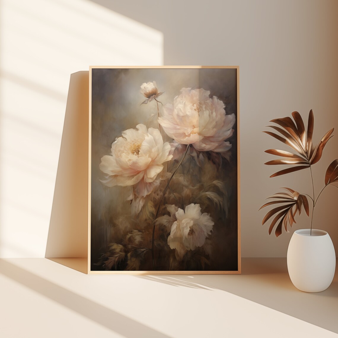 Blush Peony Blooms Dark Academia Neutral Floral Oil Painting Print - Image 3