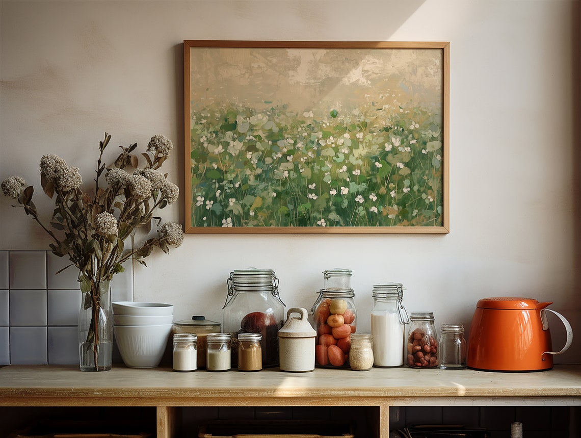 Abstract Green Meadow White Wildflowers Spring Landscape Wall Art - Image 2
