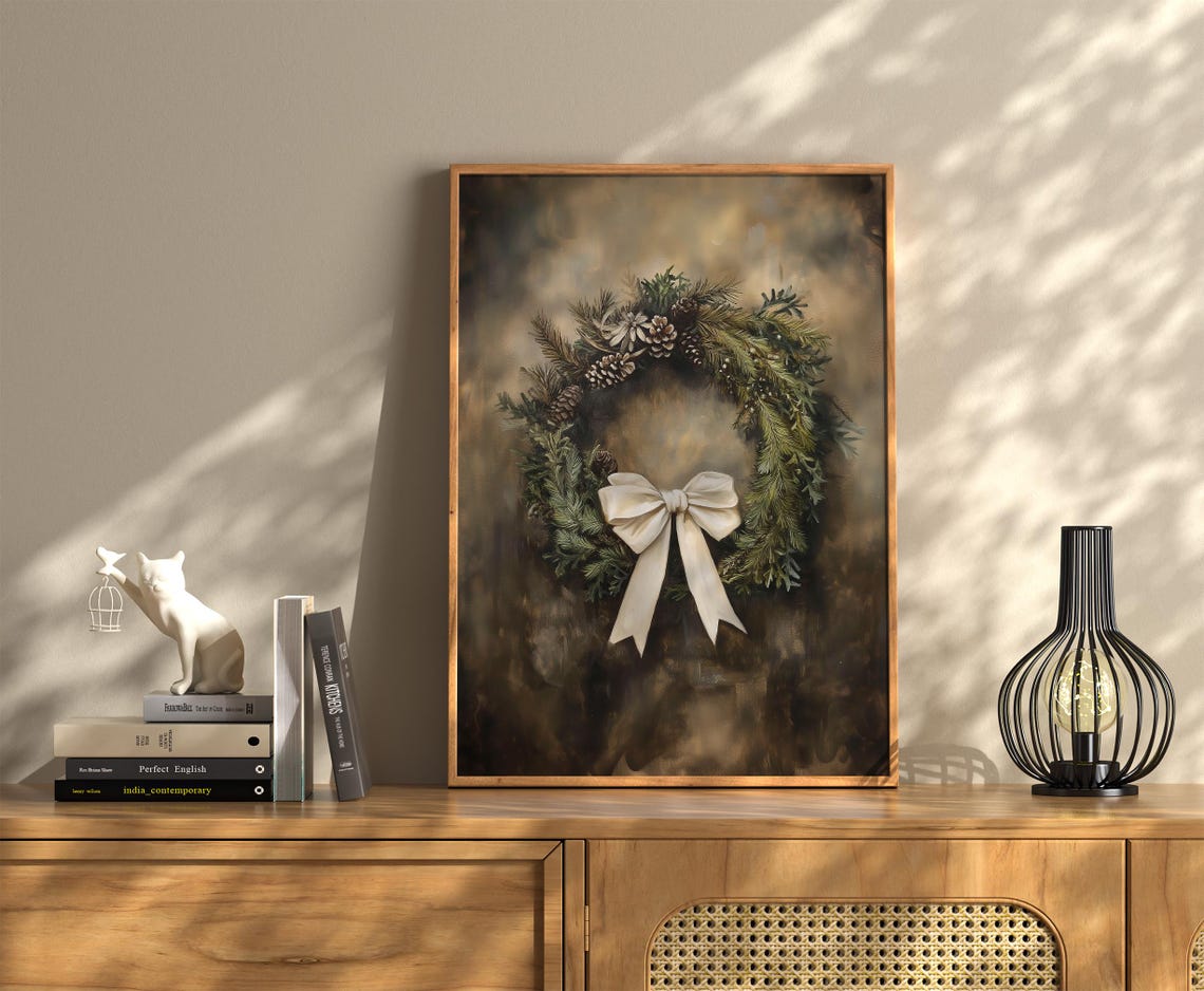 Moody Pine Wreath White Bow Pinecones Dark Vintage Christmas Poster - Image 2