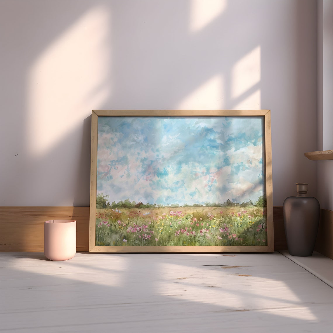 Pink Wildflower Meadow Watercolor Cloudy Sky Field Painting Poster - Image 3