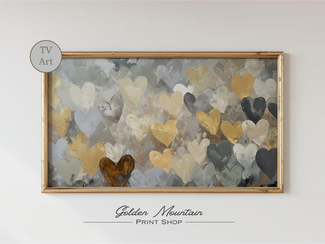 Gold Silver Gray Painted Hearts Neutral Abstract Elegant Poster - Image 2