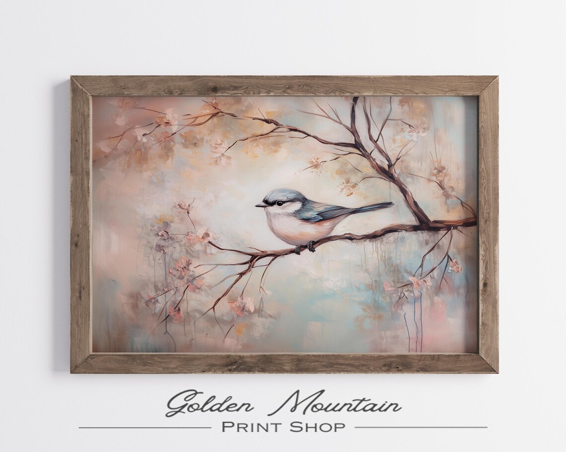 Blue Gray Songbird On Cherry Blossom Branch Peach Pastel Spring Poster Art - Image 2