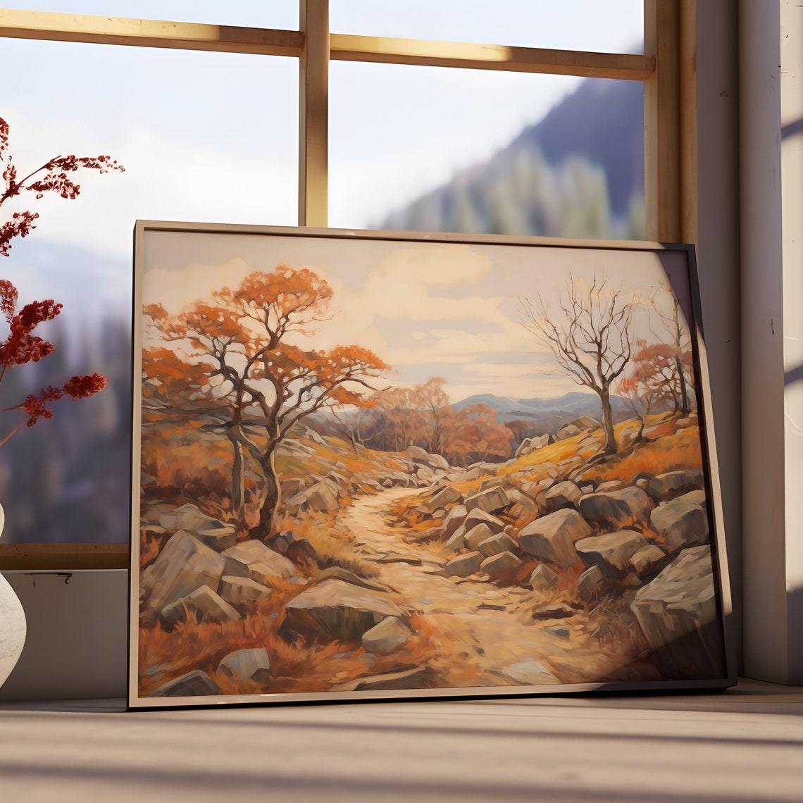 Rocky Hillside Path Autumn Trees Orange Foliage Vintage Poster - Image 3