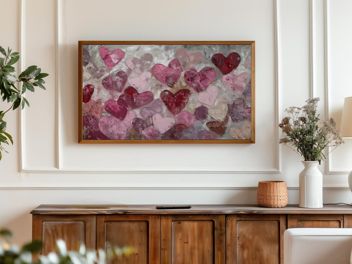 Pink Red Painted Hearts Abstract Impasto Romantic Texture Poster - Image 3