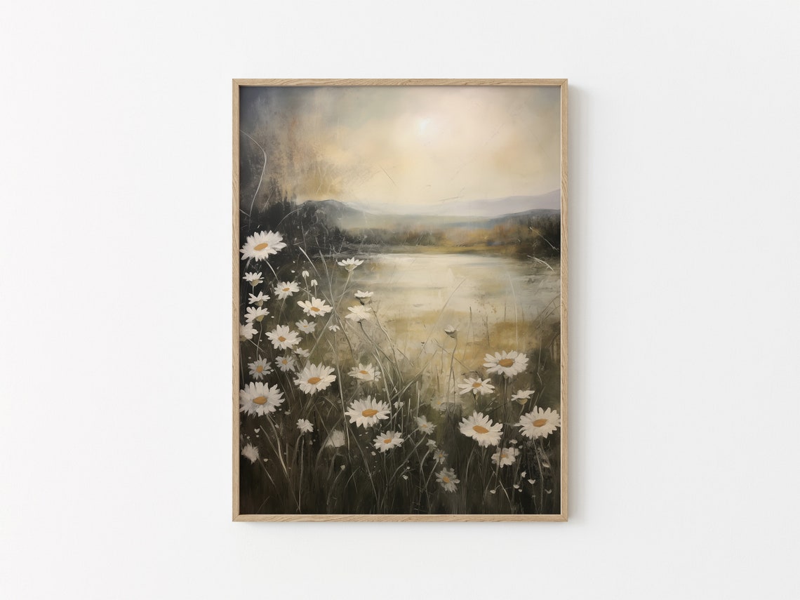 White Daisies Beside Misty Lake at Sunrise Mountain View Print - Image 3