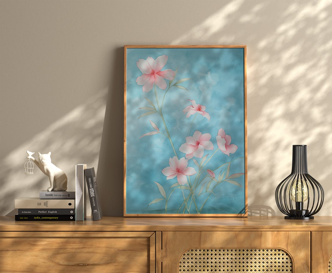 Pink Wildflower Painting Spring Watercolor Teal Floral Wall Art - Image 3