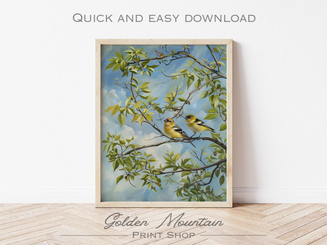 American Goldfinches Pair Spring Branch Blue Sky Bird Poster - Image 2