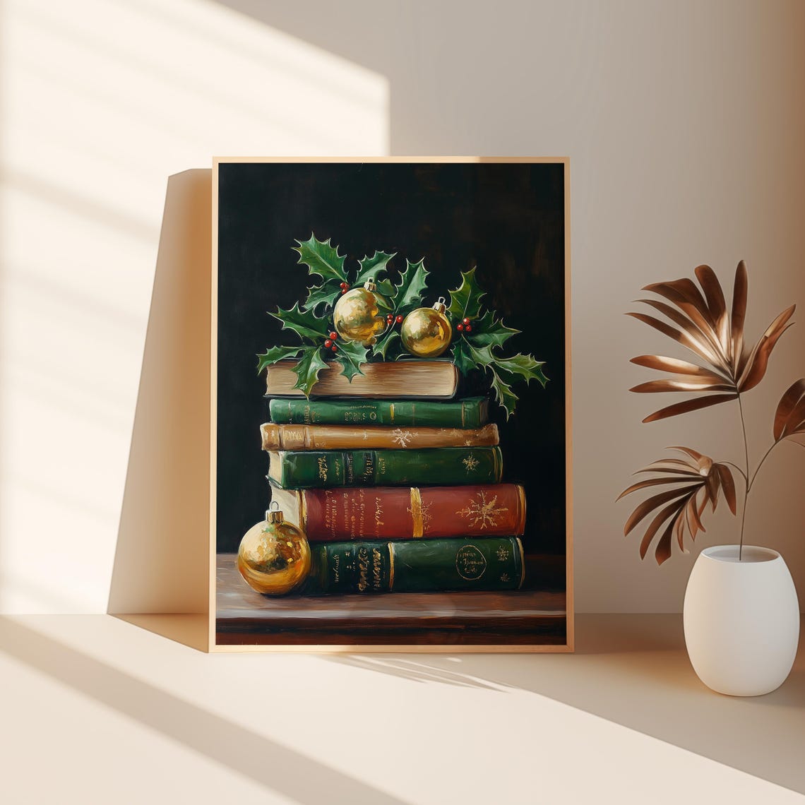 Moody Christmas Book Stack Gold Baubles Holly Berries Decor Poster - Image 3