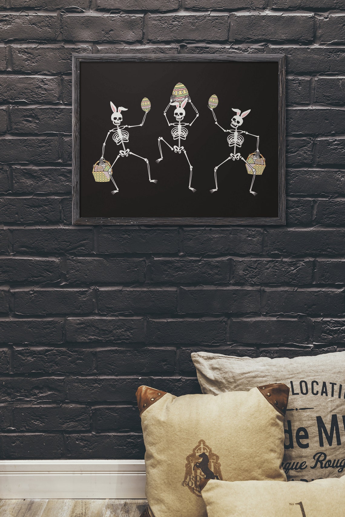 Dancing Easter Bunny Skeletons Holding Eggs Black Art Poster - Image 5