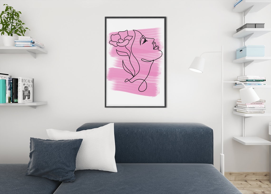 Pink Watercolor Woman Face Line Art Floral Blush Wall Poster
