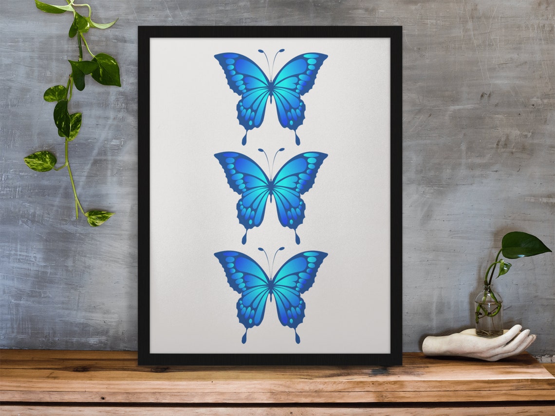 Triple Blue Butterfly Watercolor Trio Minimalist Bedroom Poster - Image 4