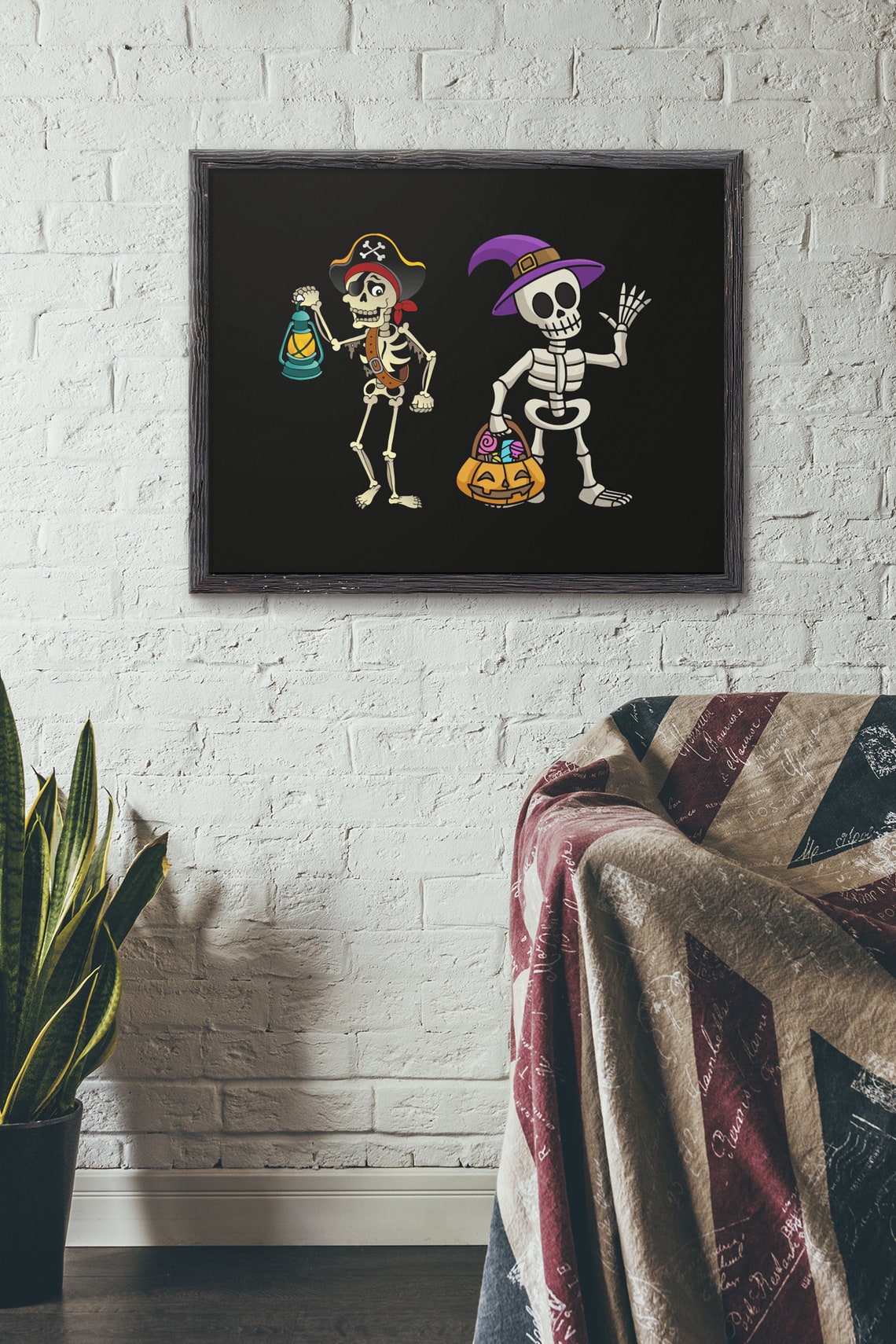 Halloween Skeleton Duo Pirate Witch Cartoon Spooky Poster Art - Image 4