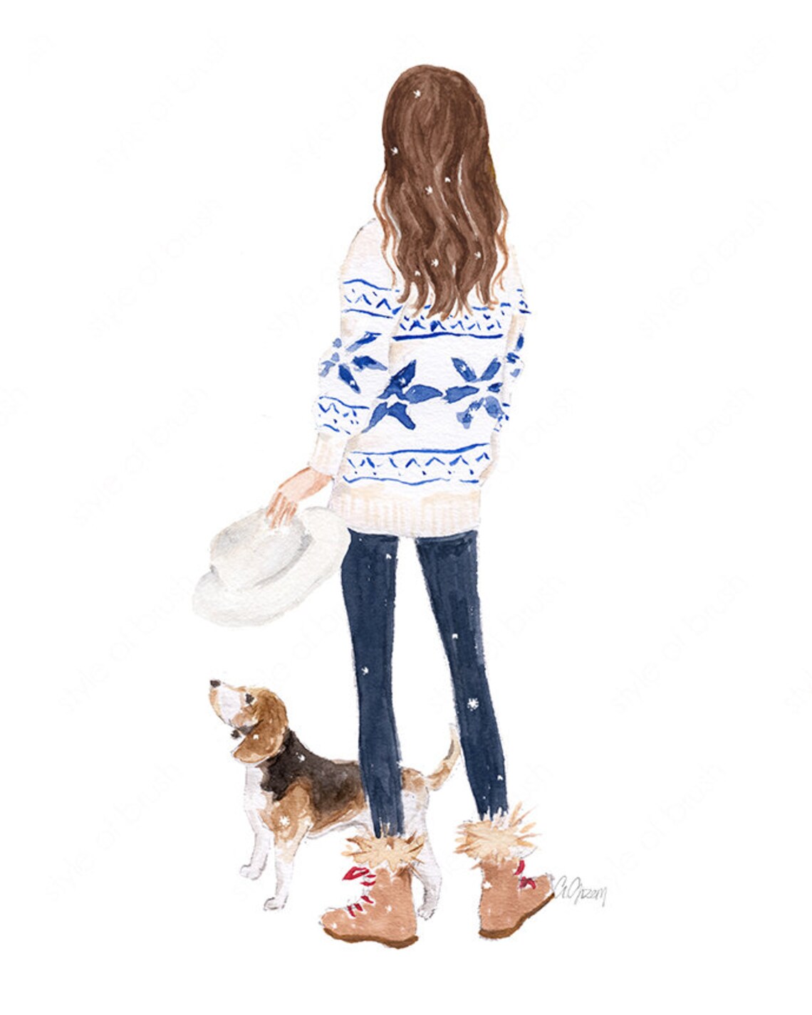 Winter Fair Isle Sweater Girl Walking Beagle Dog Fashion Poster - Image 2