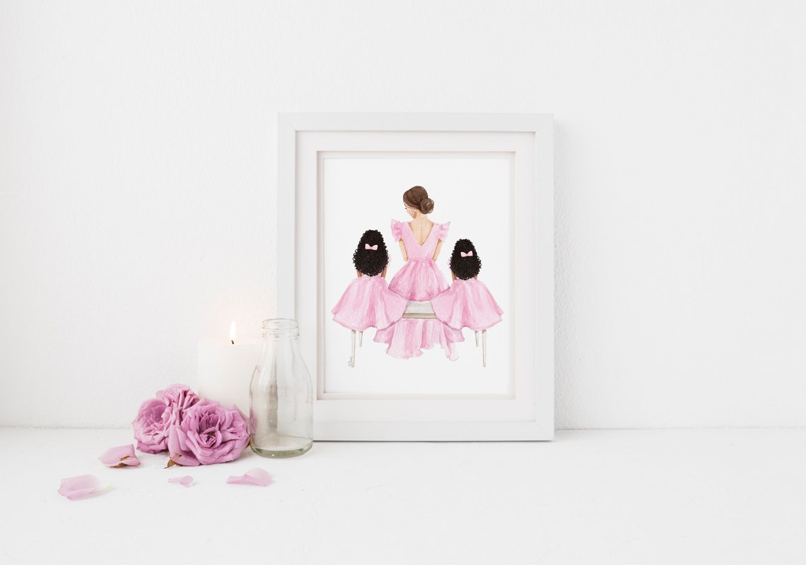 Mommy and Me Mother Two Daughters Pink Dresses Portrait Poster - Image 2