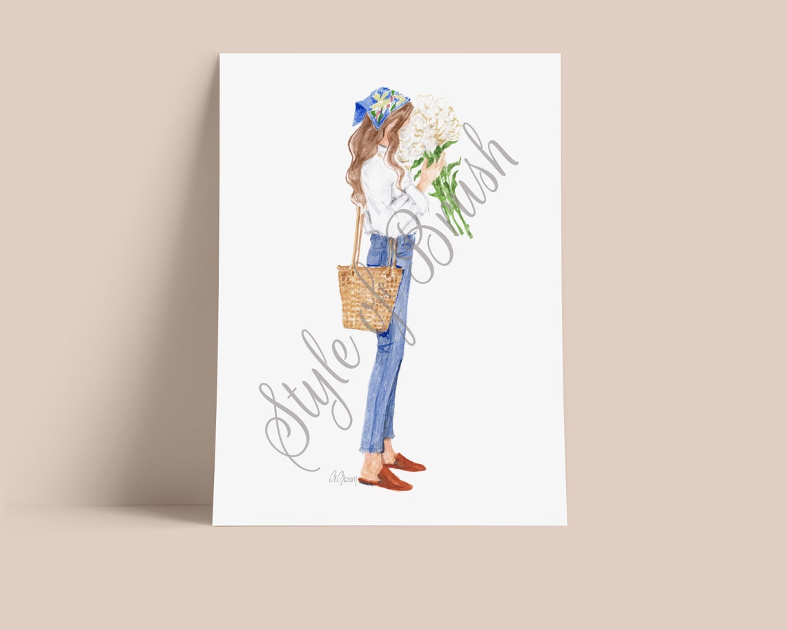 Fashion Girl with Flower Bouquet and Straw Tote Watercolor Poster - Image 2