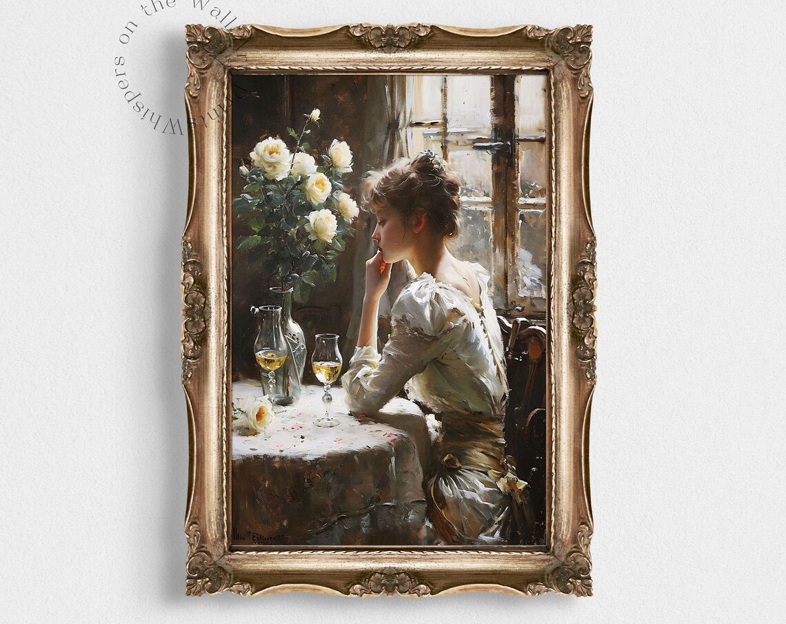 Vintage Woman with White Roses at Window Table Oil Painting Poster - Image 6