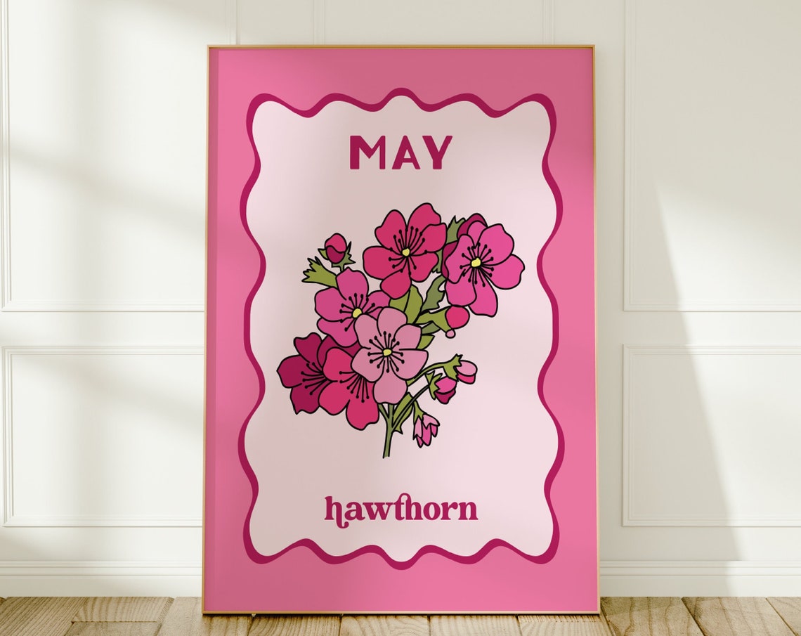 May Hawthorn Birth Flower Pink Retro Floral Birthday Wall Art