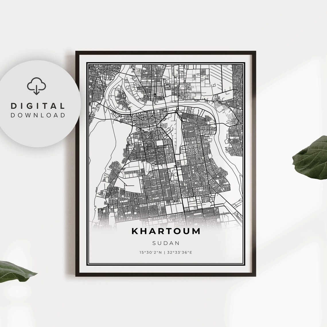 Khartoum Sudan Nile Rivers Confluence Street Map Monochrome Poster