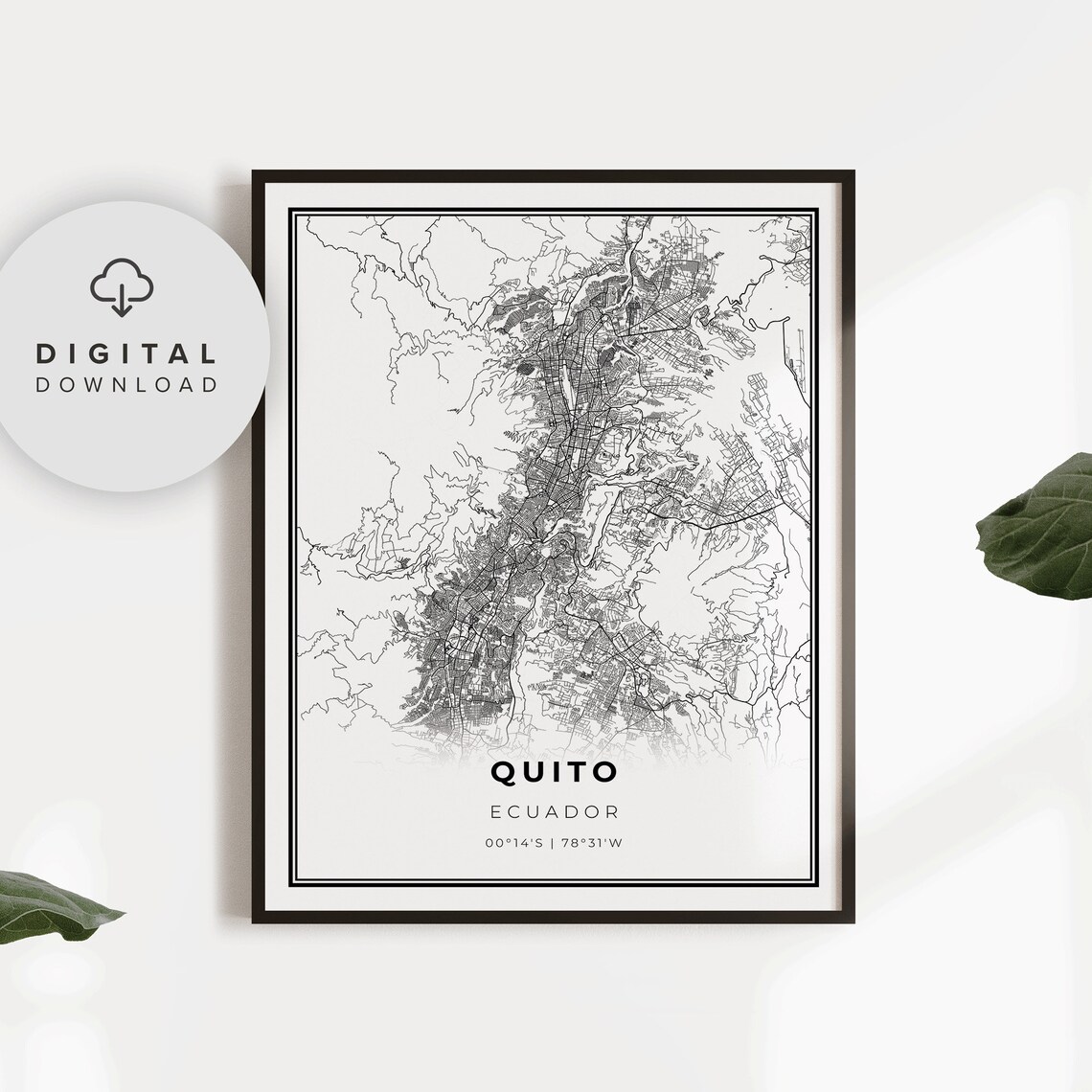 Quito Ecuador City Street Map Minimalist Black and White Art Poster