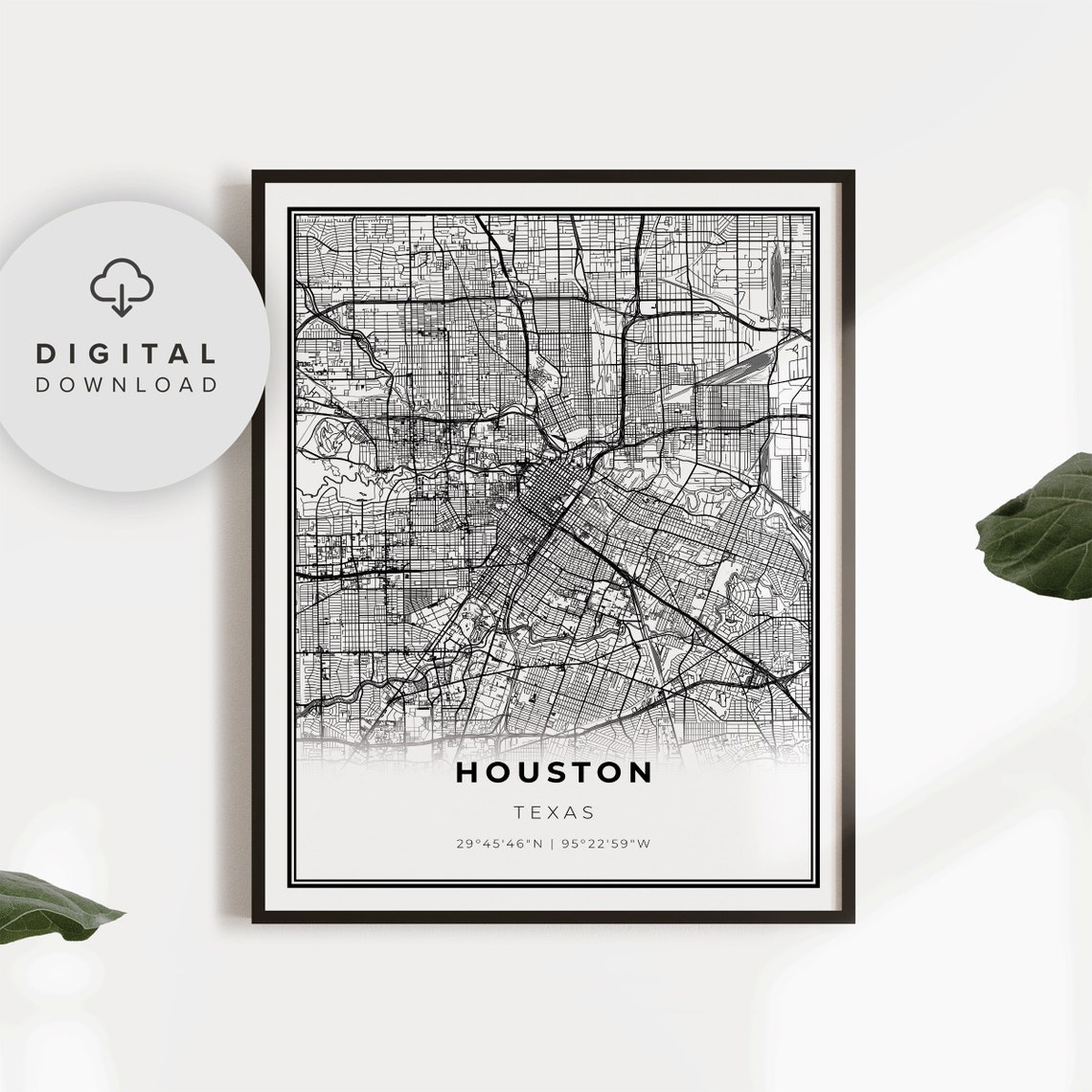 Downtown Houston Map Print Texas Tx Usa Art Poster City Street Road Wall Np50