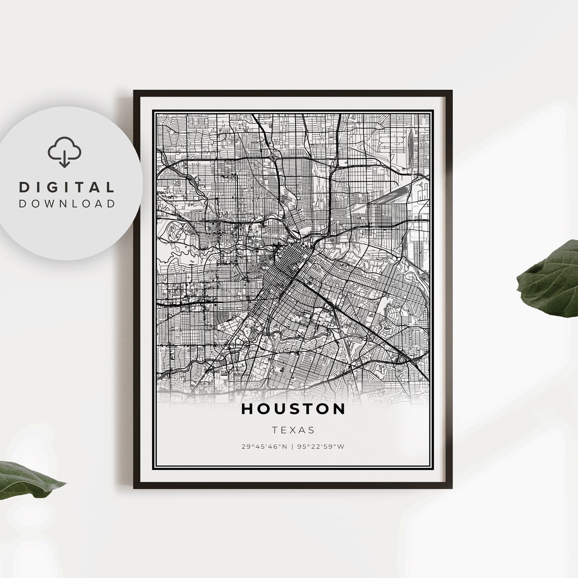 Downtown Houston Texas Minimal Black and White Street Map Poster