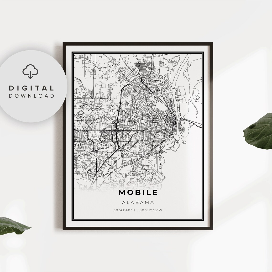Mobile Alabama City Street Map Minimalist Black and White Art Poster