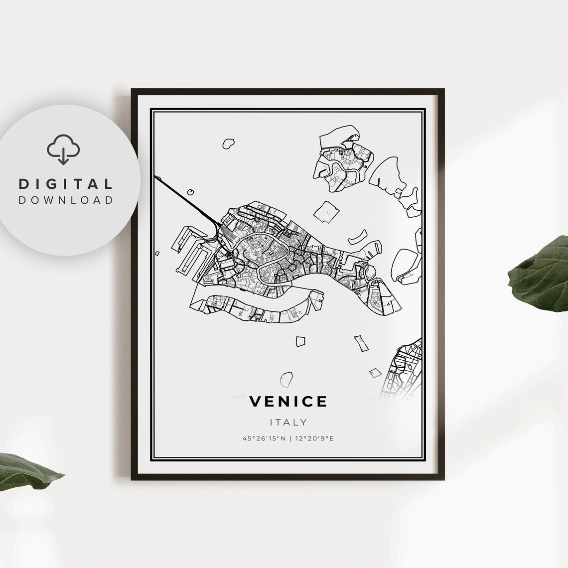 Venice Italy Black and White Canal City Street Map Line Art Poster