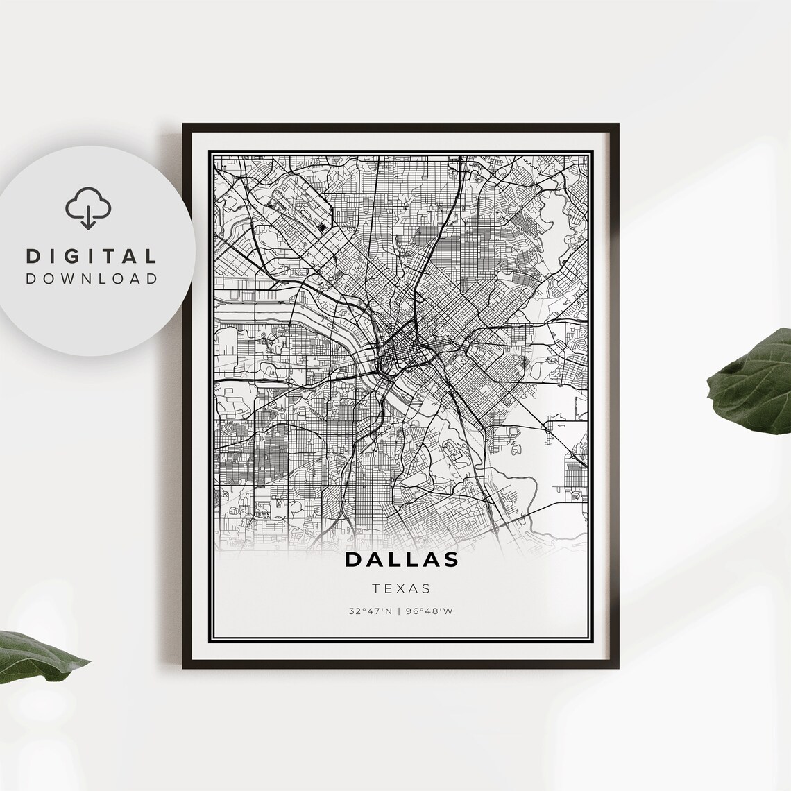 Downtown Dallas Texas City Street Map Poster with Coordinates