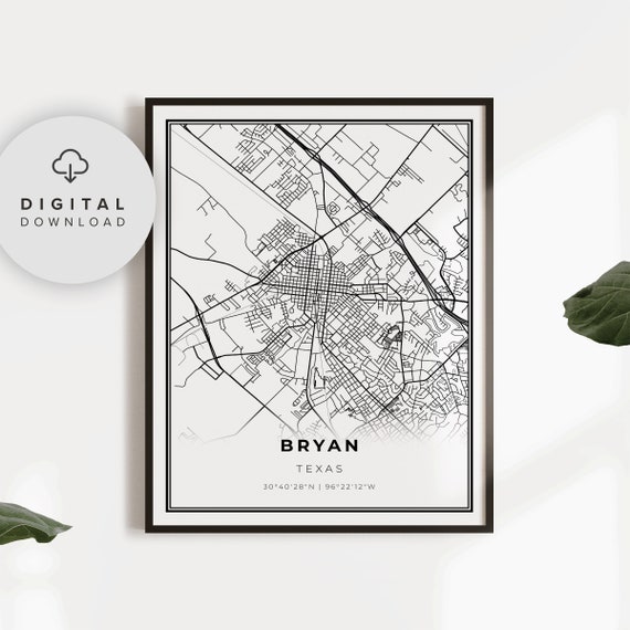Bryan Map Print Texas Tx Usa Art Poster College Station City Street Road Gift Her Np174