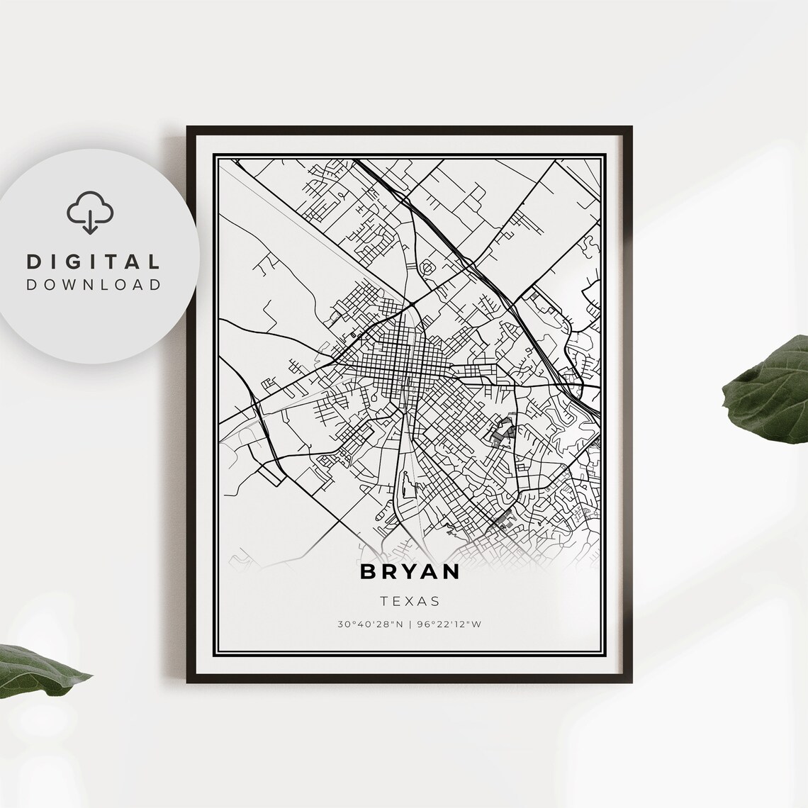 Bryan Texas Black White City Street Map Minimalist Hometown Art Poster