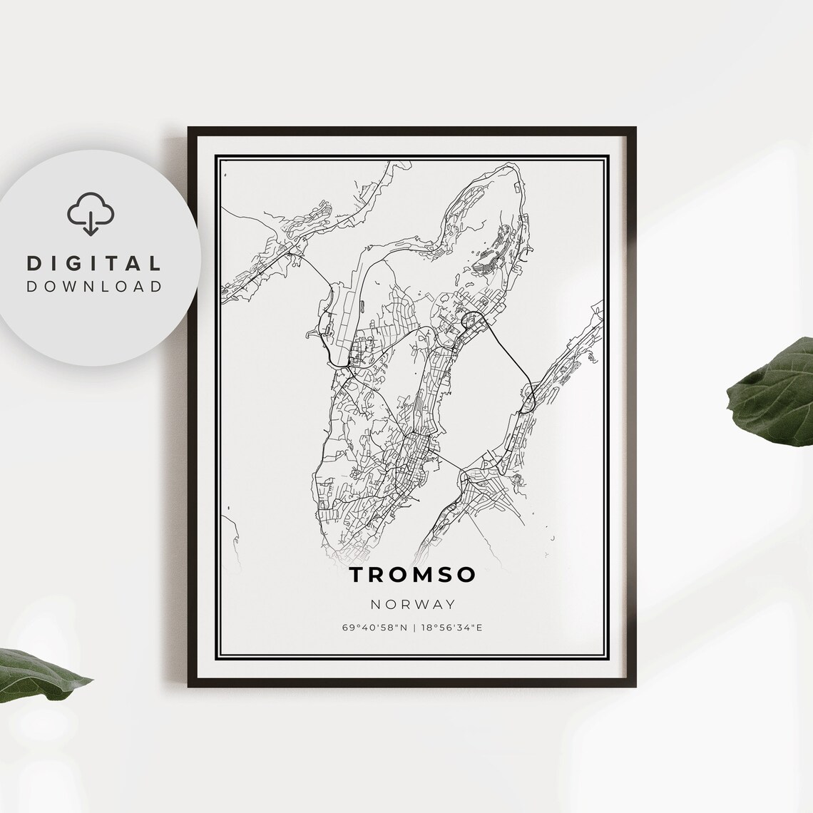 Tromso Norway Minimalist Black Line City Street Map Art Poster