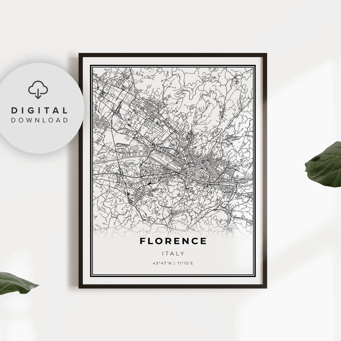 Florence Italy Minimalist Black White City Street Map Poster Artwork