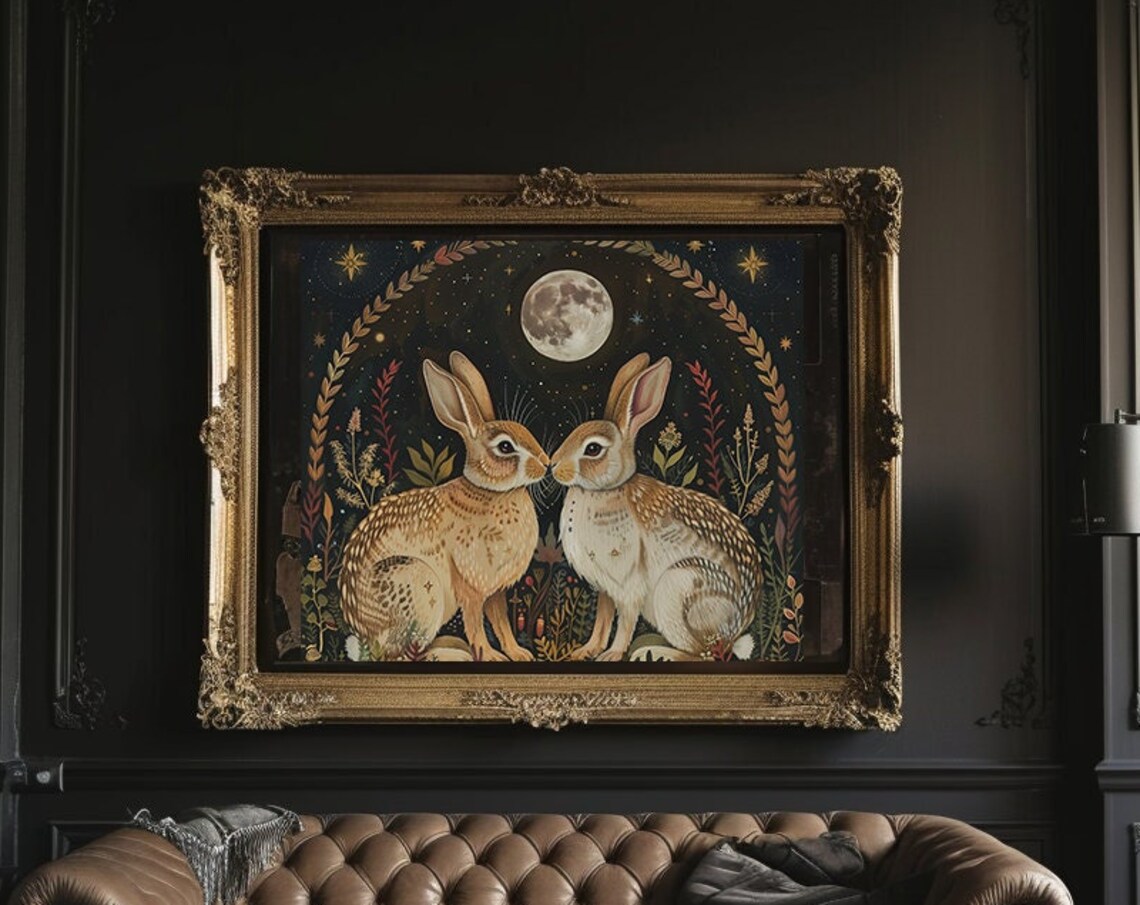 Two Hare Folk Art Print, Celestial Cottagecore