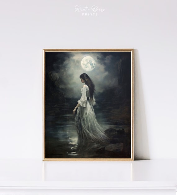 Moody Art Print Woman By Lake Under A Full Moon Wall Art Antique Art Instant Art