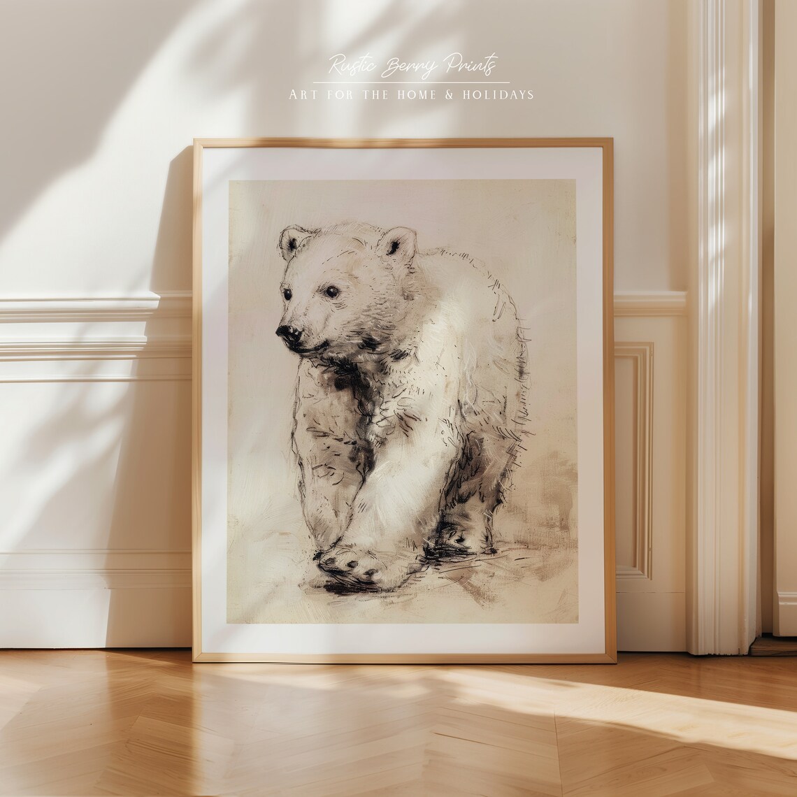 Baby Polar Bear Cub Walking Sketch Soft Neutral Vintage Wildlife Drawing Print - Image 2