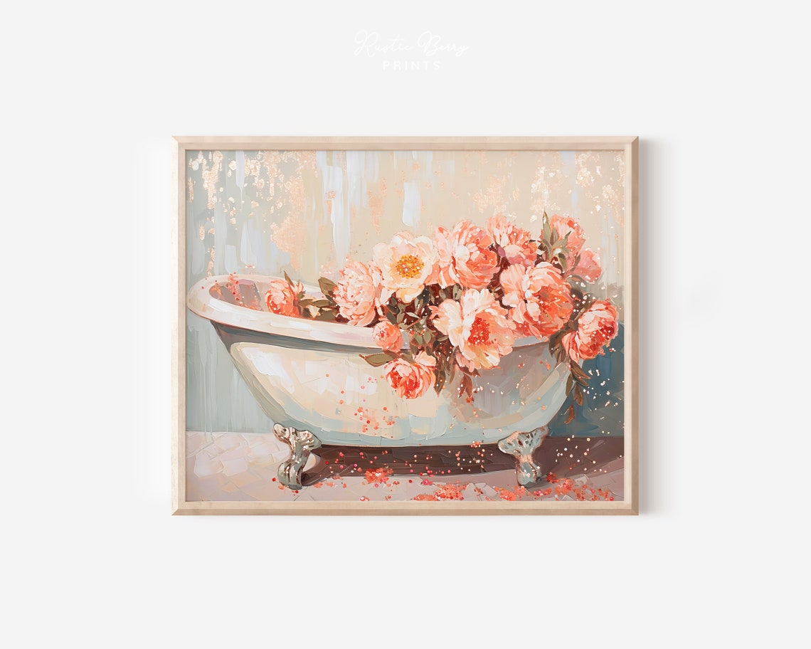 Clawfoot Bathtub Coral Peonies Vintage Bathroom Floral Wall Art Print